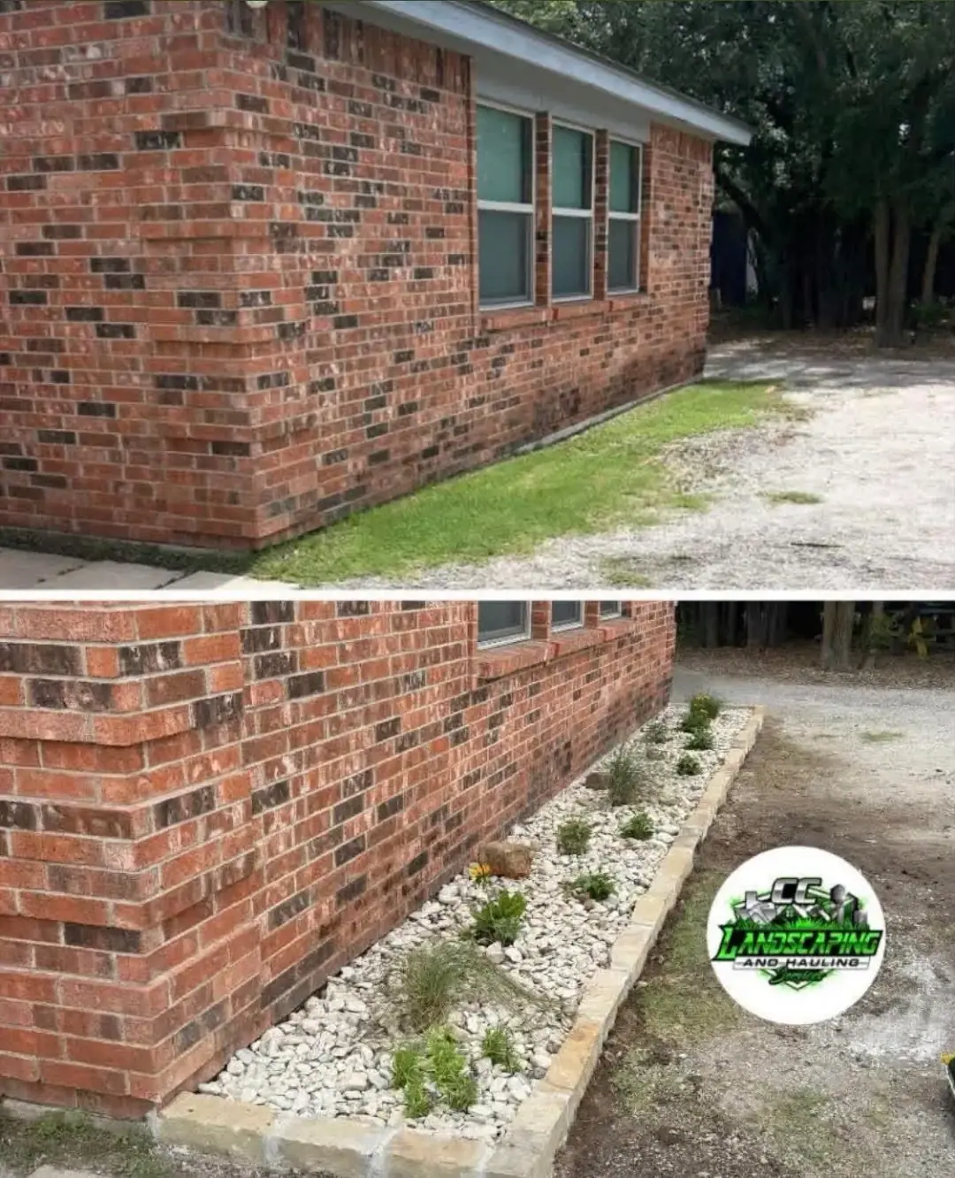 New rock bed with plants and a stone border - Before (top) and after (bottom)