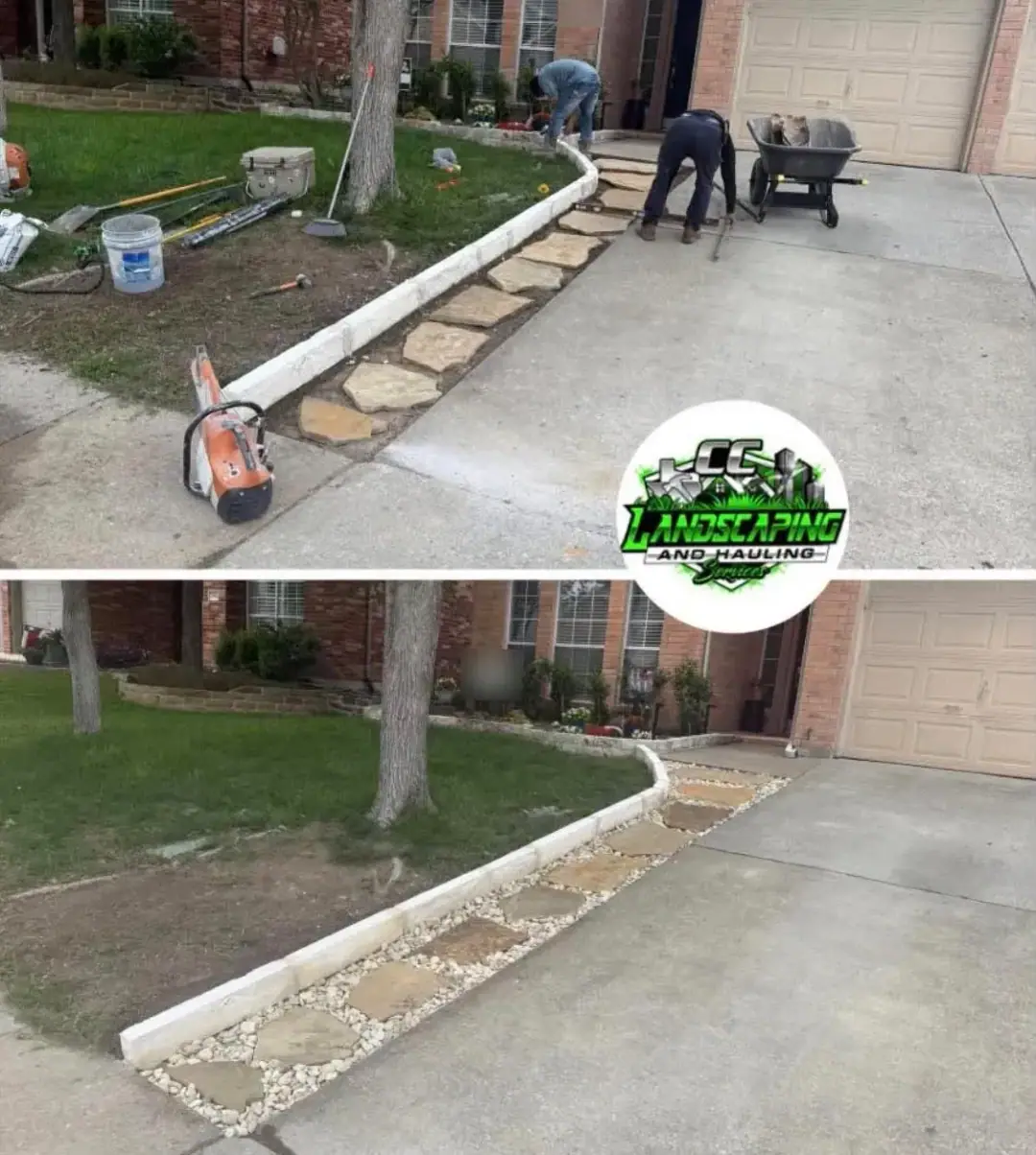 Stone edging and a stone walkway beside the drive - During the work (top) and finished (bottom)